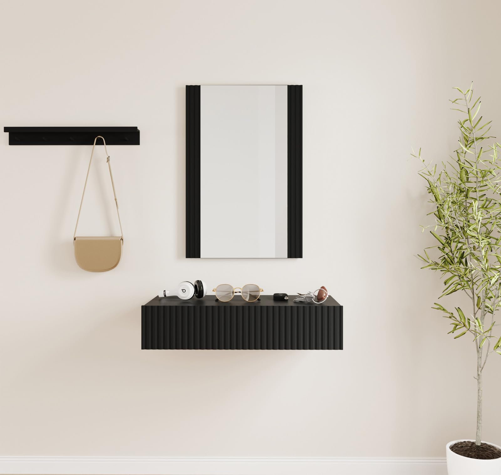 MB Muebles Bonitos, Recibidor Colgante con Espejo Amira, Mueble de Entrada con Cajón y Diseño Acanalado, Melamina y PVC, Color Negro, Ideal para Entradas y Pasillos
