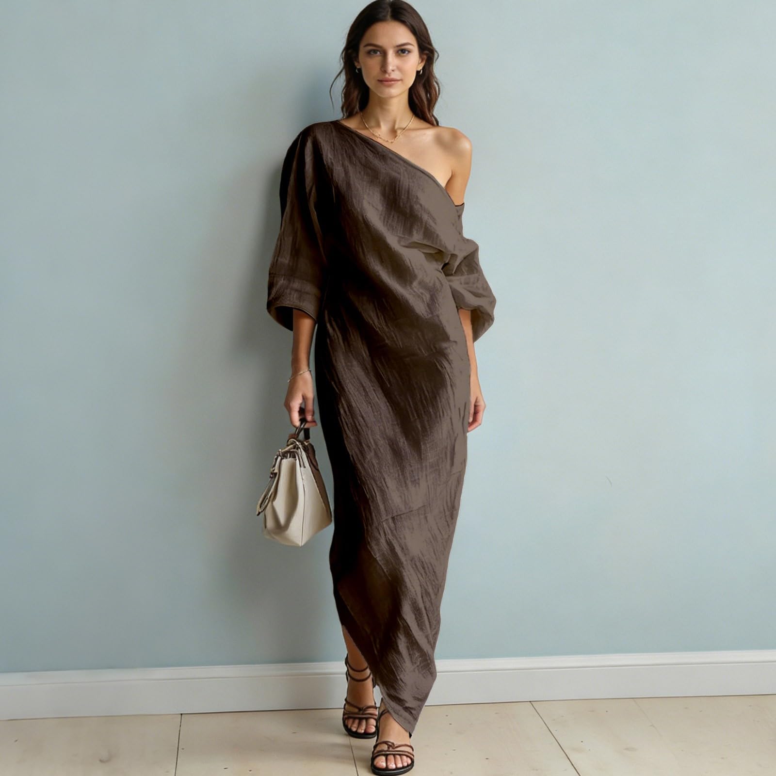 Elegante Vestido Midi de Manga Larga con Hombros Descubiertos y Cintura Alta para Verano
