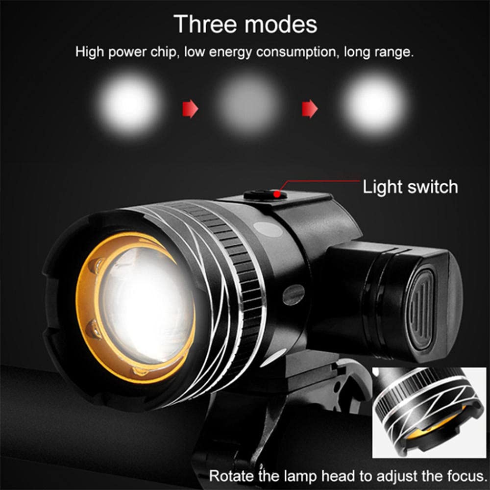 Luce LED per Bicicletta, Fanale Anteriore LED Ricaricabile USB, 3 modalità, Fascio Regolabile. Resistente, Waterproof, ottimale per MTB e Monopattino Elettrico-A1. Super