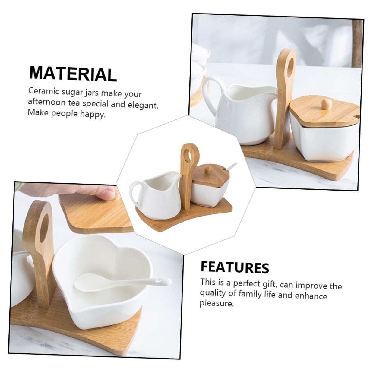 Pot à Lait Et Sucrier Céramique Avec Plateau Et Cuillère Poignée Bois Compatible Four Micro-ondes Et Rangement Service