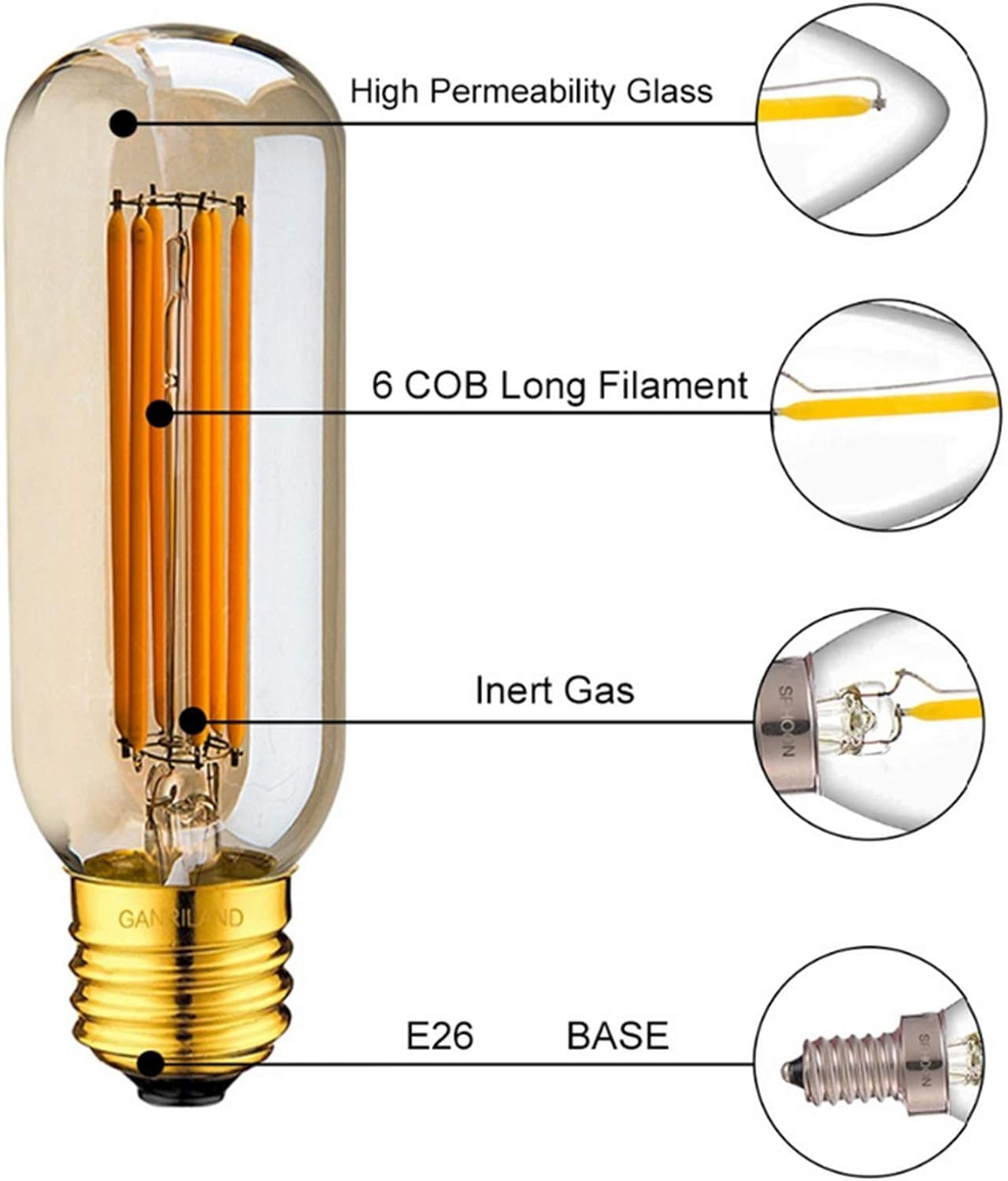 Ampoule tubulaire LED 6 W à intensité variable, équivalent à une ampoule à incandescence 60 W, bouche à vis E26 600 lumens, haute luminosité, rétro Edison T45, ampoules LED tubulaires à filament allo