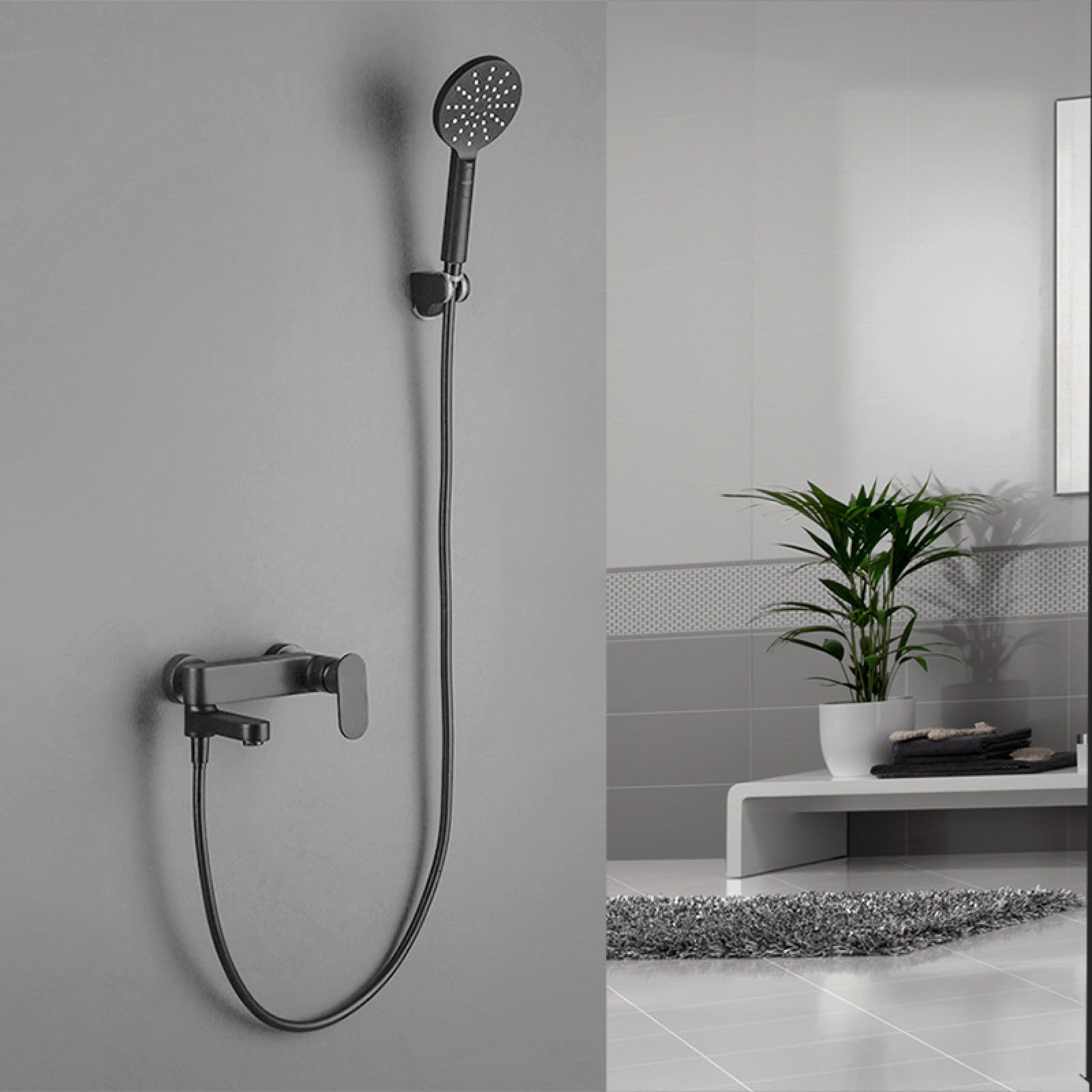 OZBMA Bathroom Black Shower Simple Set Full Copper Frosted Matte Bathtub Faucet Booster Nozzle Wall Out, with Lifting Rod (Minimalist)