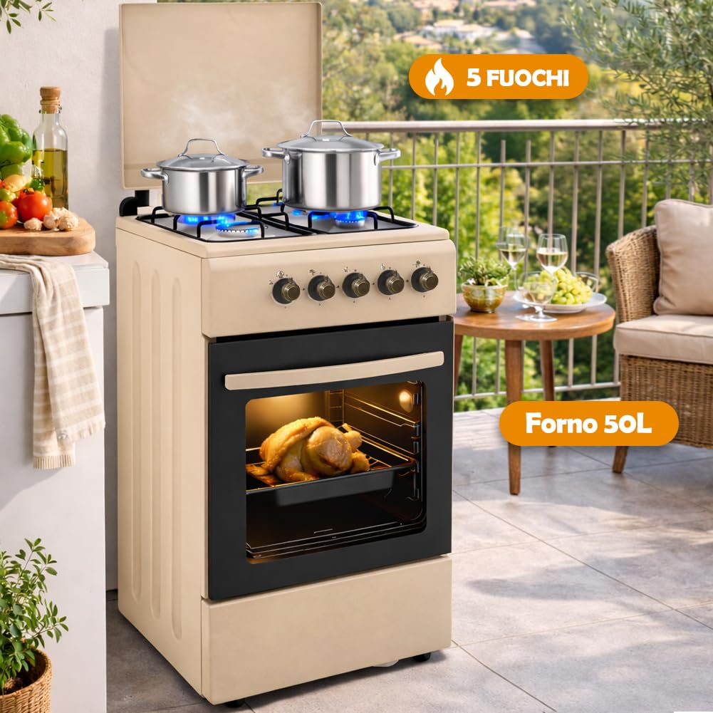 BAKAJI Cocina de exterior de alimentación a gas con horno y 4 fuegos, cocina con quemadores y parrillas extraíbles de hierro fundido con mueble y encendido ergonómico, ideal para exteriores e