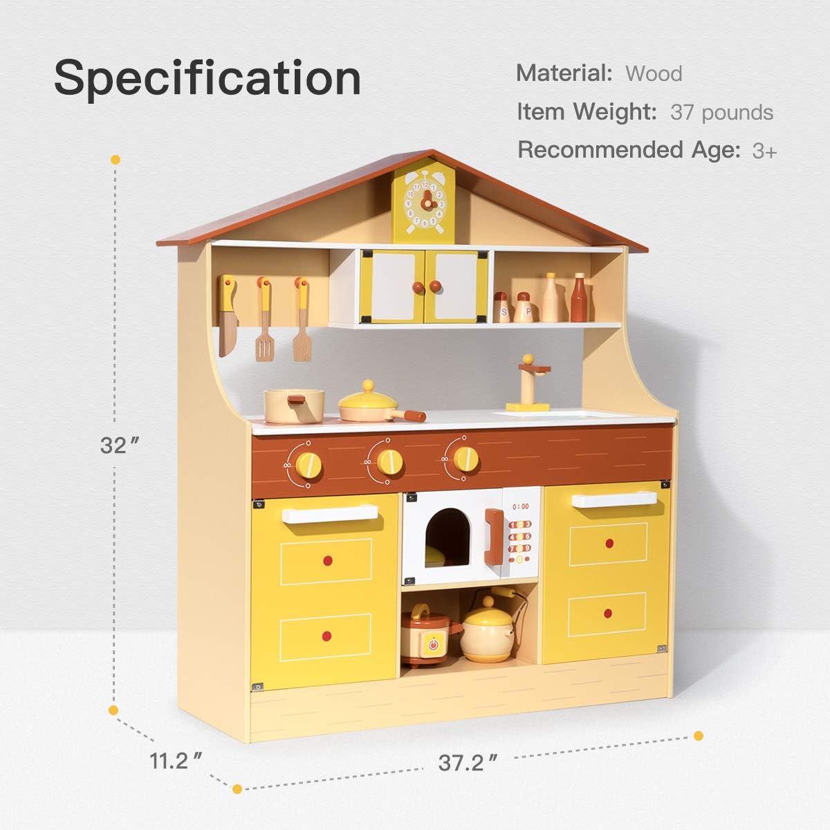 Diagram showing the dimensions of the ROBOTIME WCF01 Wooden Play Kitchen.