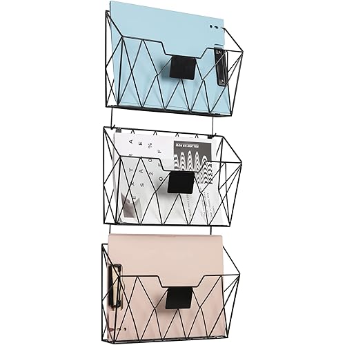 YBING Wall File Organizer for Office Hanging Wall File Holder and Basket Set of 3 Hanging File Rack with Hooks Metal Wall Storage for Office Living Room Black