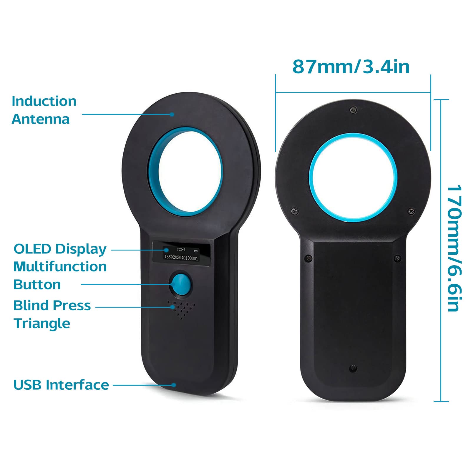 Chiplesegerät für Hunde/Katze, Tierchip Lesegerät, RFID Mikrochip Lesegerät, 134,2KHz, 128 Stück Tag-Informationsspeicher, ISO11784/85/HFDX-B/EMID (Blau)