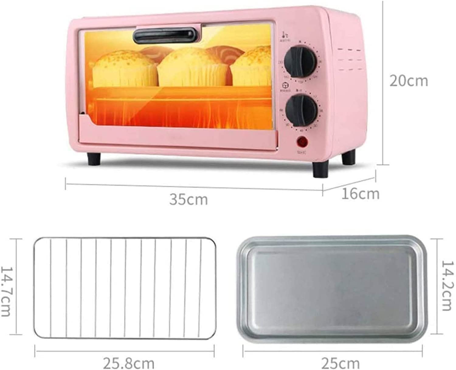 Małe skrzynki， 9L Duża pojemność Inteligentna kontrola czasu i temperatury Kompaktowy mini piekarnik elektryczny 750 W Zawiera blachę do pieczenia ruszt grillowania(Pink)