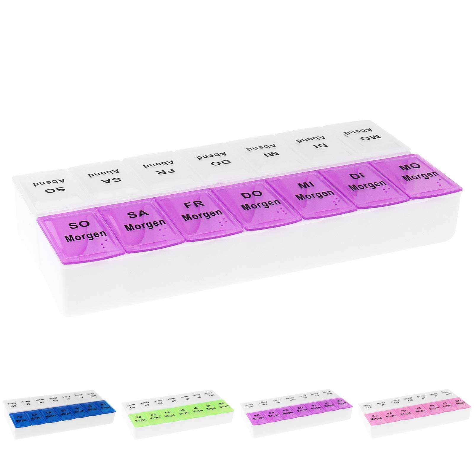 WELLGROPill Box for 7 Days, 2 Compartments per Day, 4 Colours to Choose from, Colour: Purple