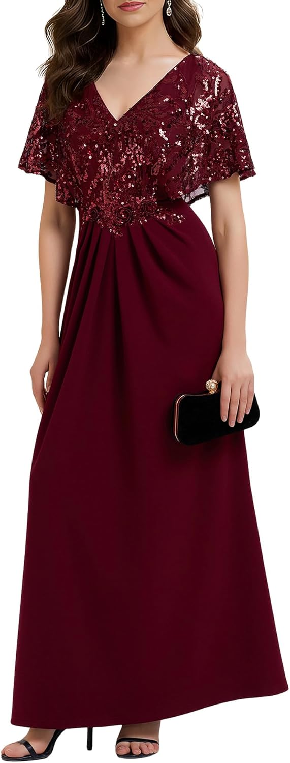 Ever-Pretty V-Neck Sequin Formal Dresses for Women Short Sleeves Ruched Evening Gown Mother of Bride Dress 02656