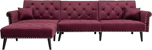 Cotoala Sofá cama modular convertible en forma de L con 2 almohadas respaldo ajustable moderno sofá de terciopelo con sillas de descanso para sala