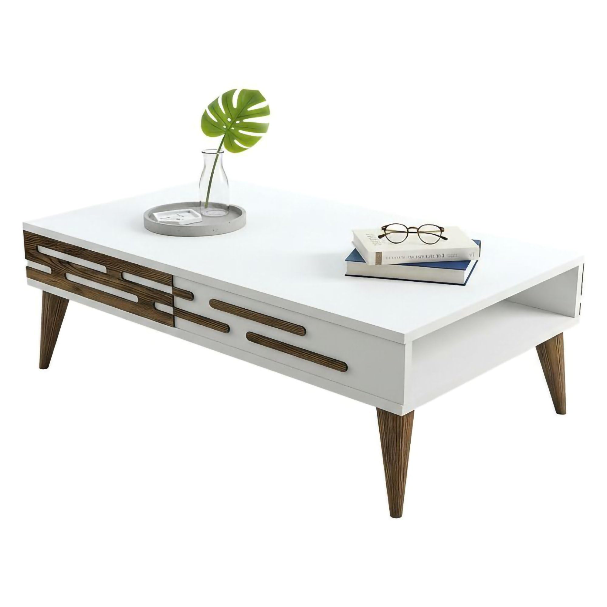 Dmora - Tavolino da Salotto Saiph, Tavolo Basso da caffè, Portariviste per Divano, Ripiano da Soggiorno, 105x35h60 cm, Noce e Bianco