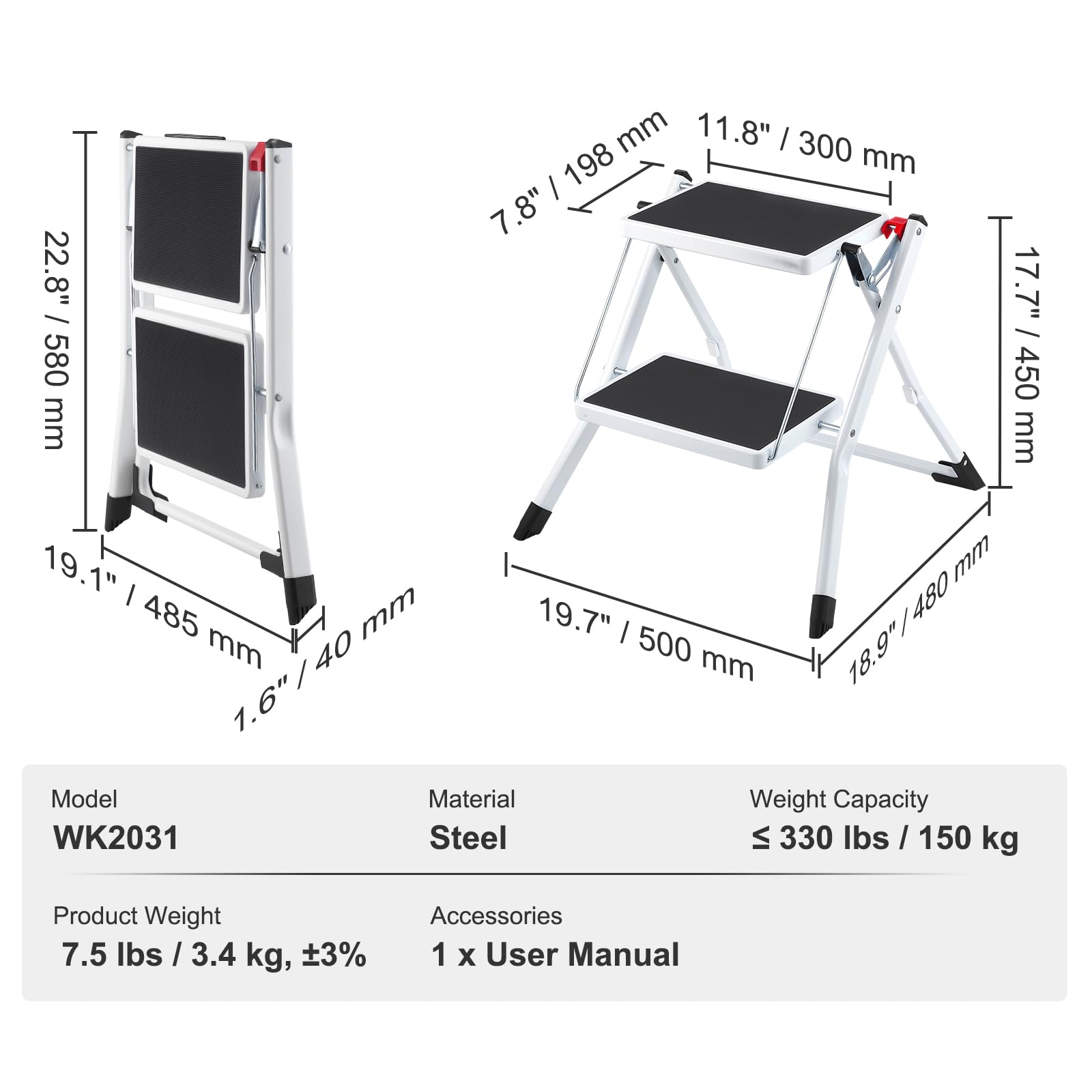 VEVOR Taburete Plegable con 2 Peldaños Carga de 150kg Escalera de Acero Taburete Ancho Multiusos con Superficie Antideslizante y Almohadillas para Adultos, Niños, Hogar, Cocina, Oficina, Autocaravanas