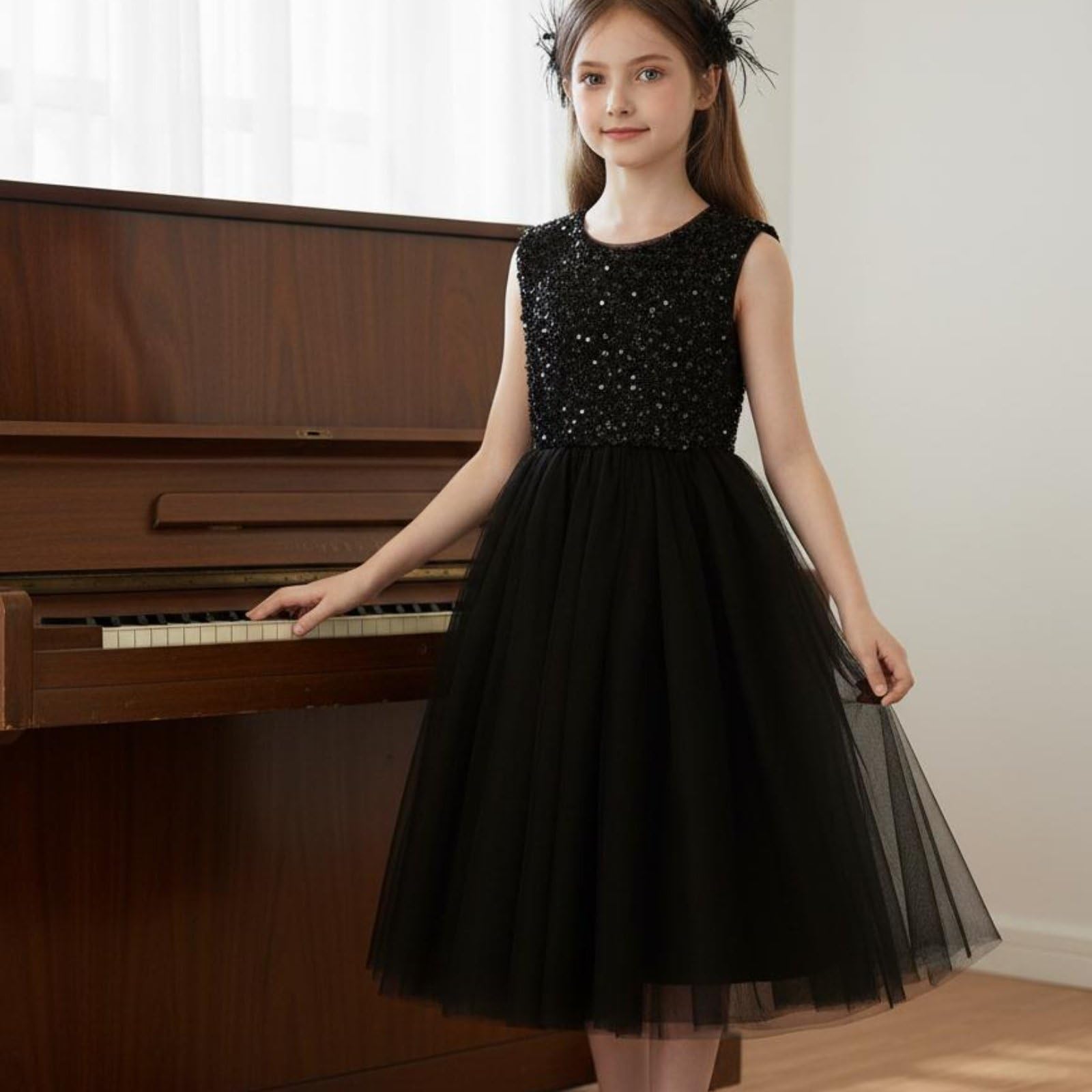 Vestido de Actuación sin Mangas Esponjoso Vestido de Fiesta Negro Infantil Forro para Ocasiones Formales
