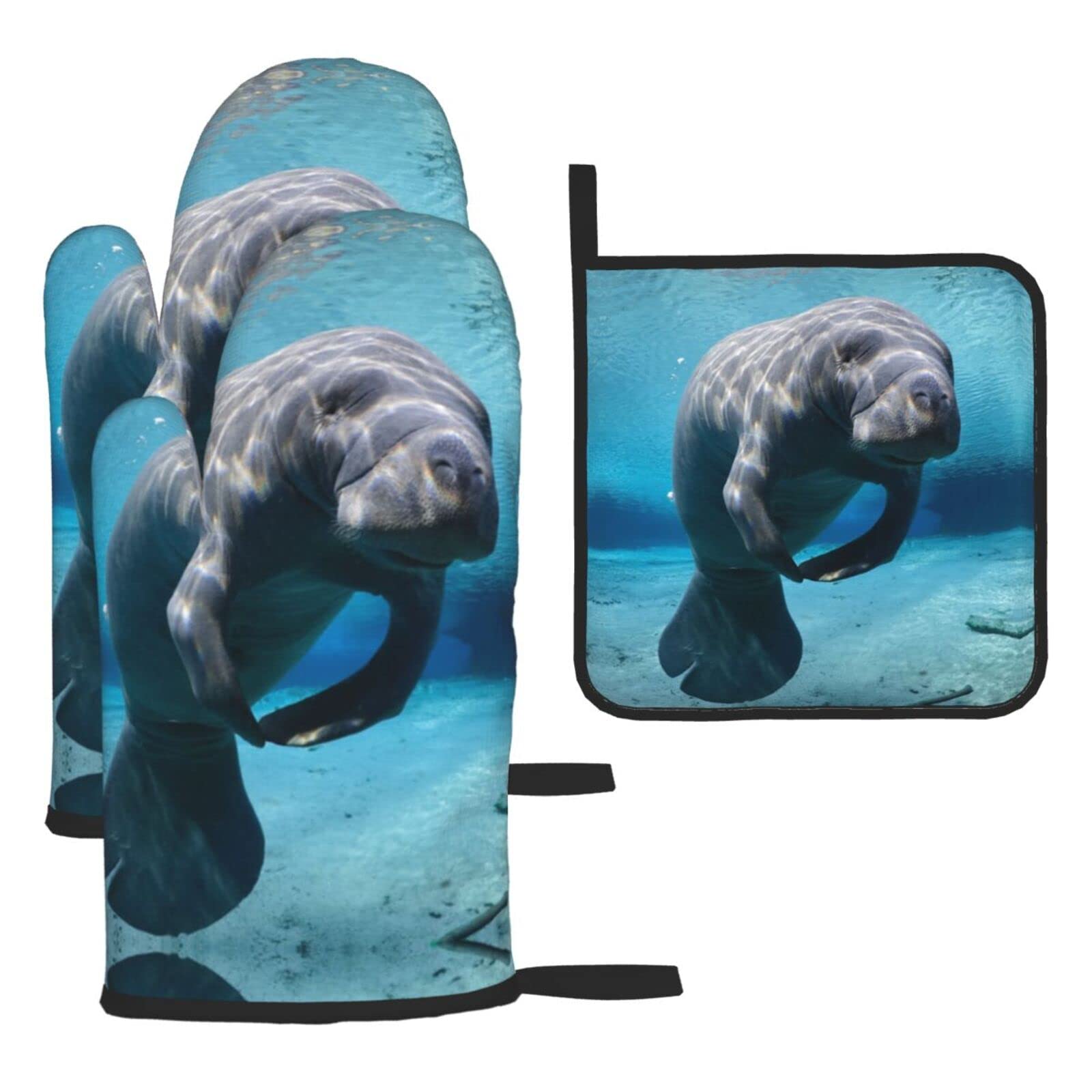 Cute Sea Animal Oven Mitts and Pot Holder Kitchen Set for Grilling, Cooking, Baking, Heat Resistant