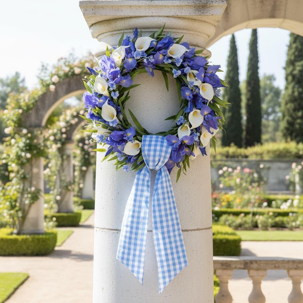 2 Pack Blue White Plaid Wreath Sash Front Door Decoration, Blank Sashes Patriotic July 4th Summer Holiday Party Bow Ribbon Bundle Indoor Outdoor Farmhouse