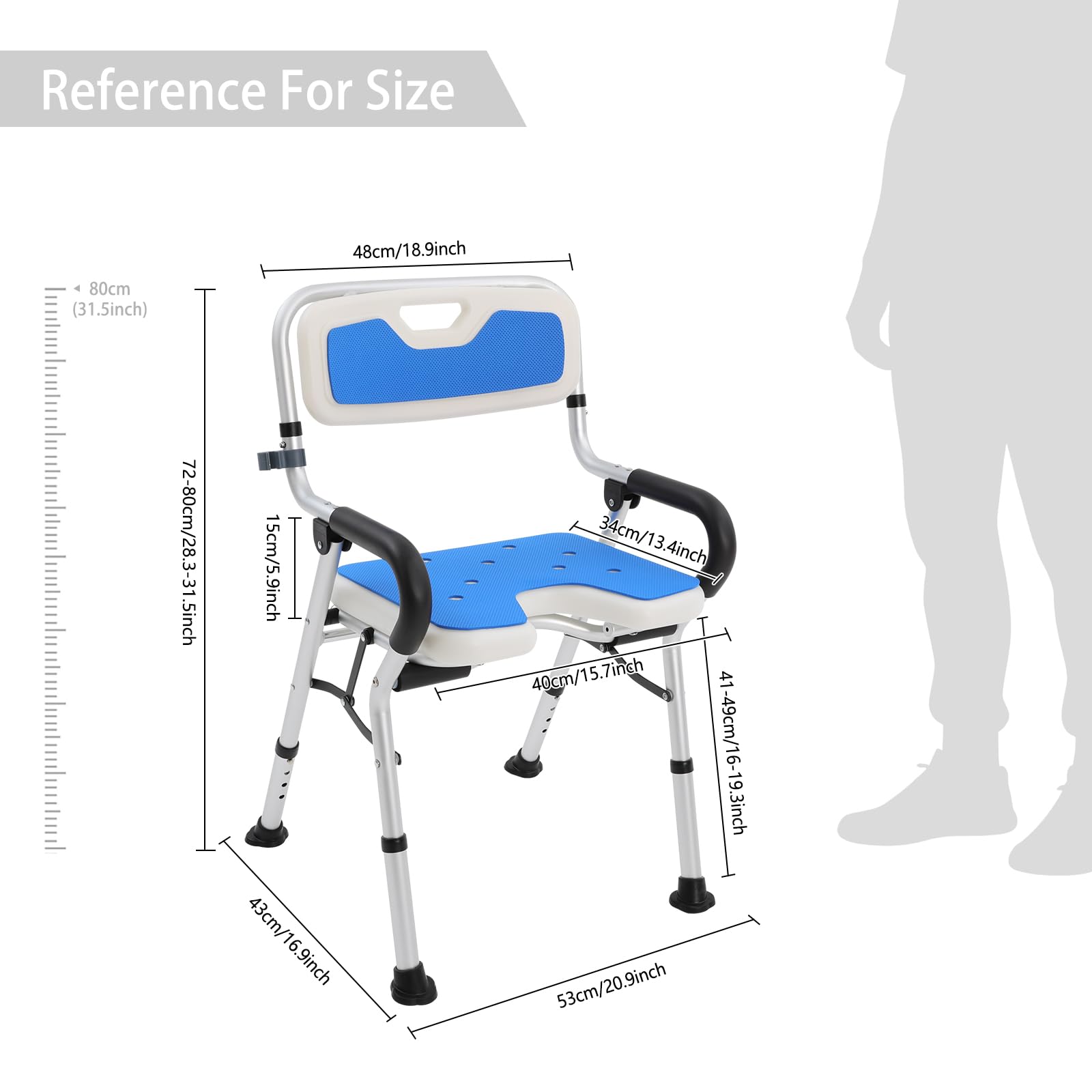 Silla de ducha plegable de 150 kg, 4 niveles de altura, con asiento antideslizante y soporte para alcachofa de ducha, color azul