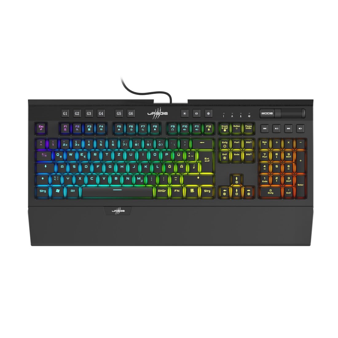 uRage Gaming Tastatur "Exodus 900 Mechanical" QWERTZ (Gamer Keyboard, mechanisch, taktile Switches braun, lautlos, DE Layout, Anti-Ghosting, RGB beleuchtete Tasten, Handballenauflage, Kabel) schwarz