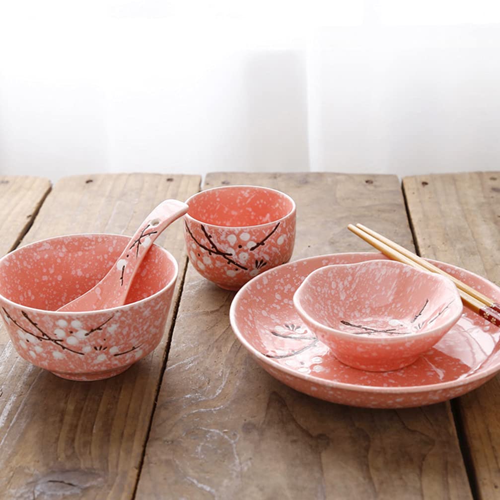 HEMOTON Juego de vajilla Japonesa de cerámica con Cuencos, Platos, cucharas, Palillos, platillos para el hogar, vajilla para Boda, Navidad, casa, Regalo de Calentamiento Rosa
