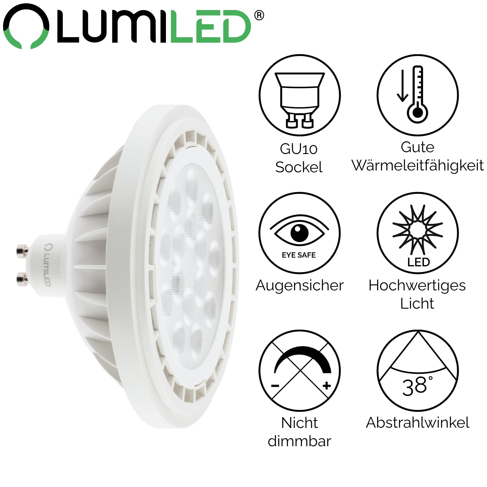 Lumiled Juego de 10 bombillas LED ES111 GU10, 230 V, 15 W (equivalente a 100 W), color blanco neutro, 4000 K, ángulo de haz de 38 grados, blanco, 1521 lúmenes, Ra>80