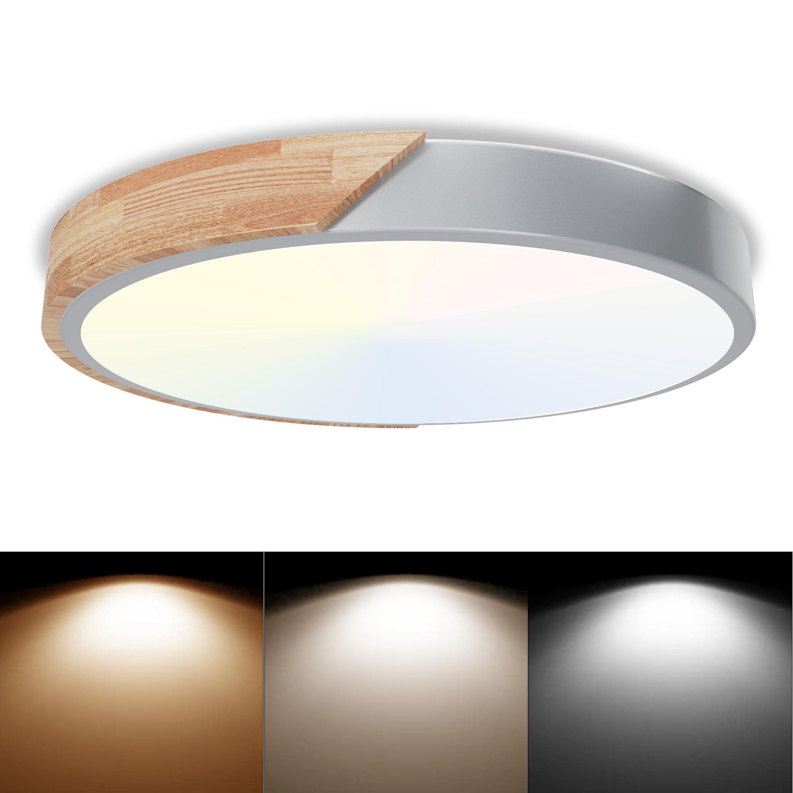 Lámpara de techo LED redonda de 30 W, 6000 K/4000 K/3000 K, 3 temperaturas de color, 3000 LM, para dormitorio, madera, IP54, moderna lámpara de cocina para pasillo, salón, baño, oficina, Ø30 cm.gris