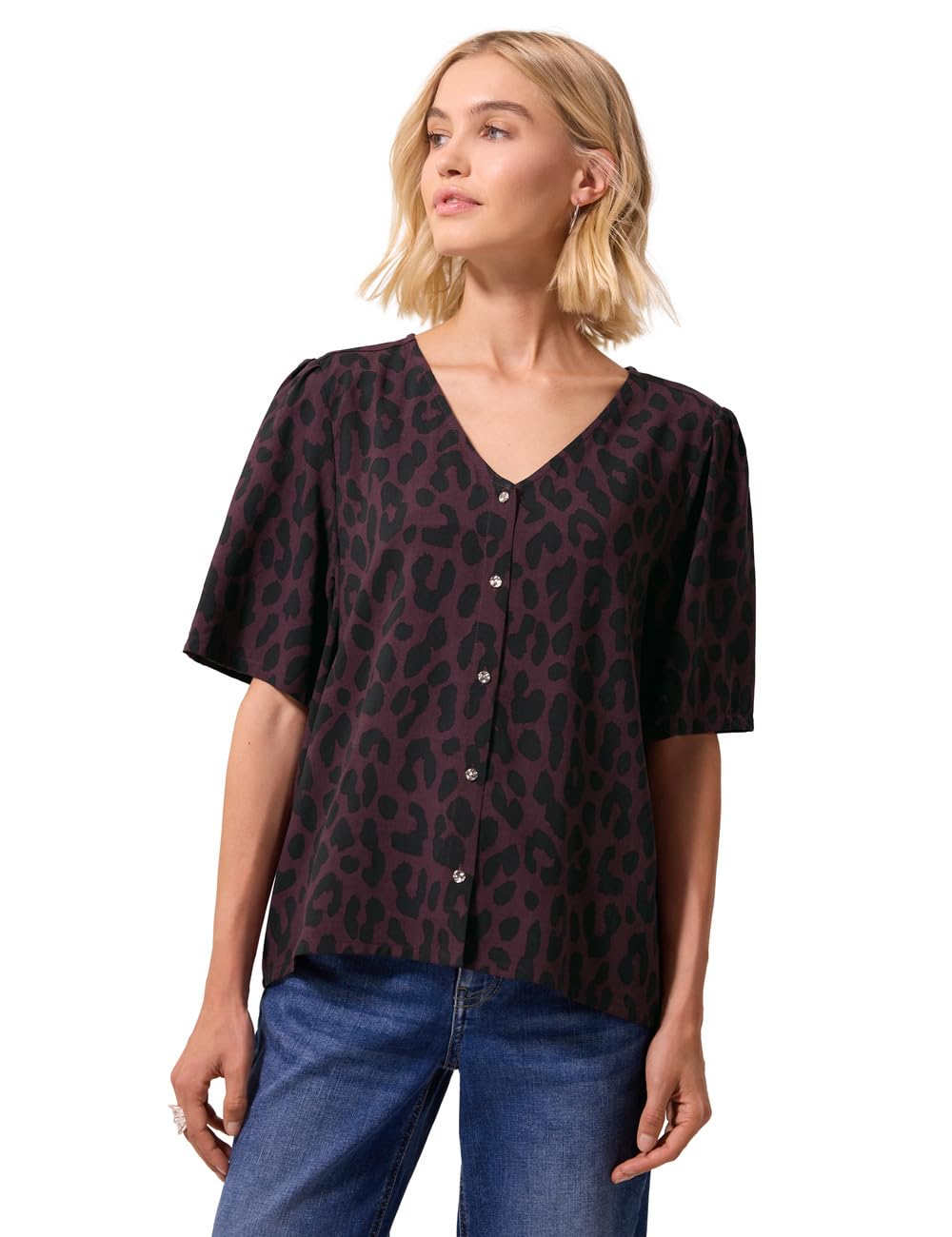Street One Studio Short Sleeve Blouse with V-Neck and Leo Print Very Berry 38