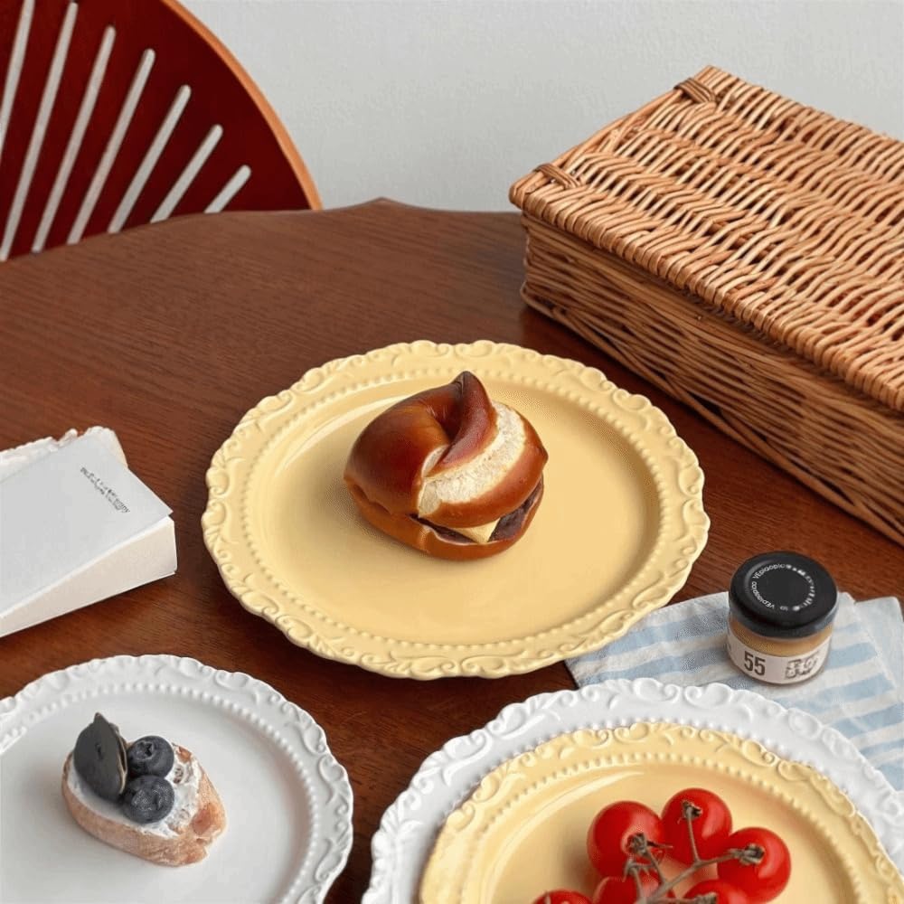 Plato llano de cerámica, estilo vintage, redondo de encaje en relieve, elegante diseño de 8 pulgadas para uso doméstico o restaurante