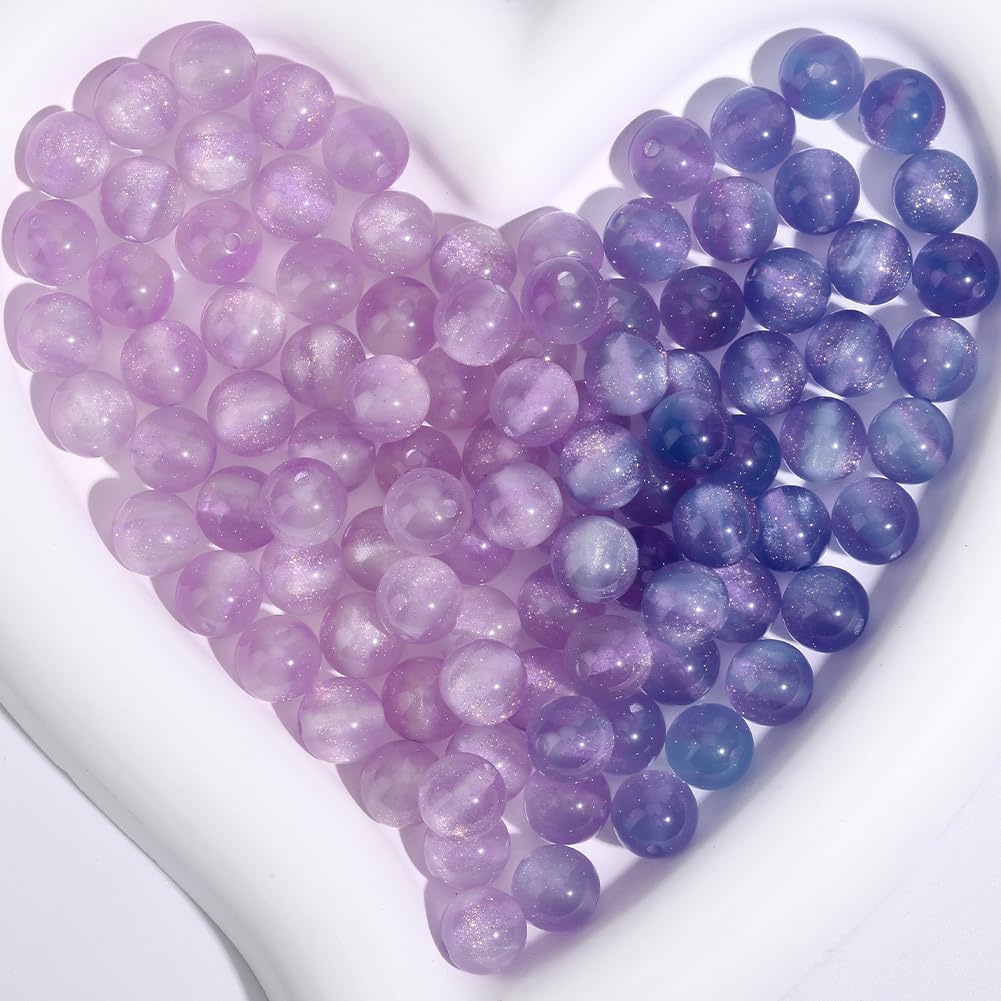 PONABEADIY 1 Box 120PCS 10MM UV Sensitive Beads with Hole Purple Change Blue Round Resin Glitter Powders Color Changing Reactive Loose Spacer Bead Bulk for Jewellery Making Bracelet Earrings DIY Craft