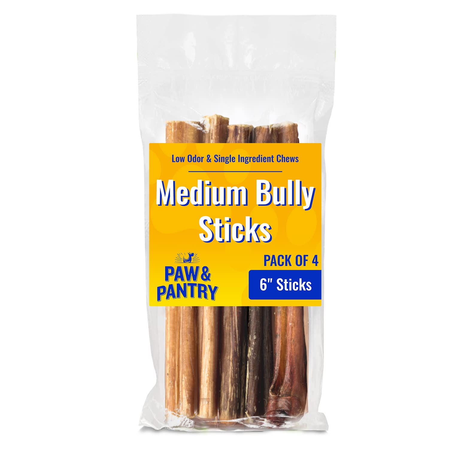 6 Inch All-Natural Bully Sticks for Medium-Sized Dogs - Pack of 4 Chemical-Free, Fully Digestible, & Naturally Scented Dog Bully Sticks for Dogs - Hand-Cut Single Ingredient Bully Sticks