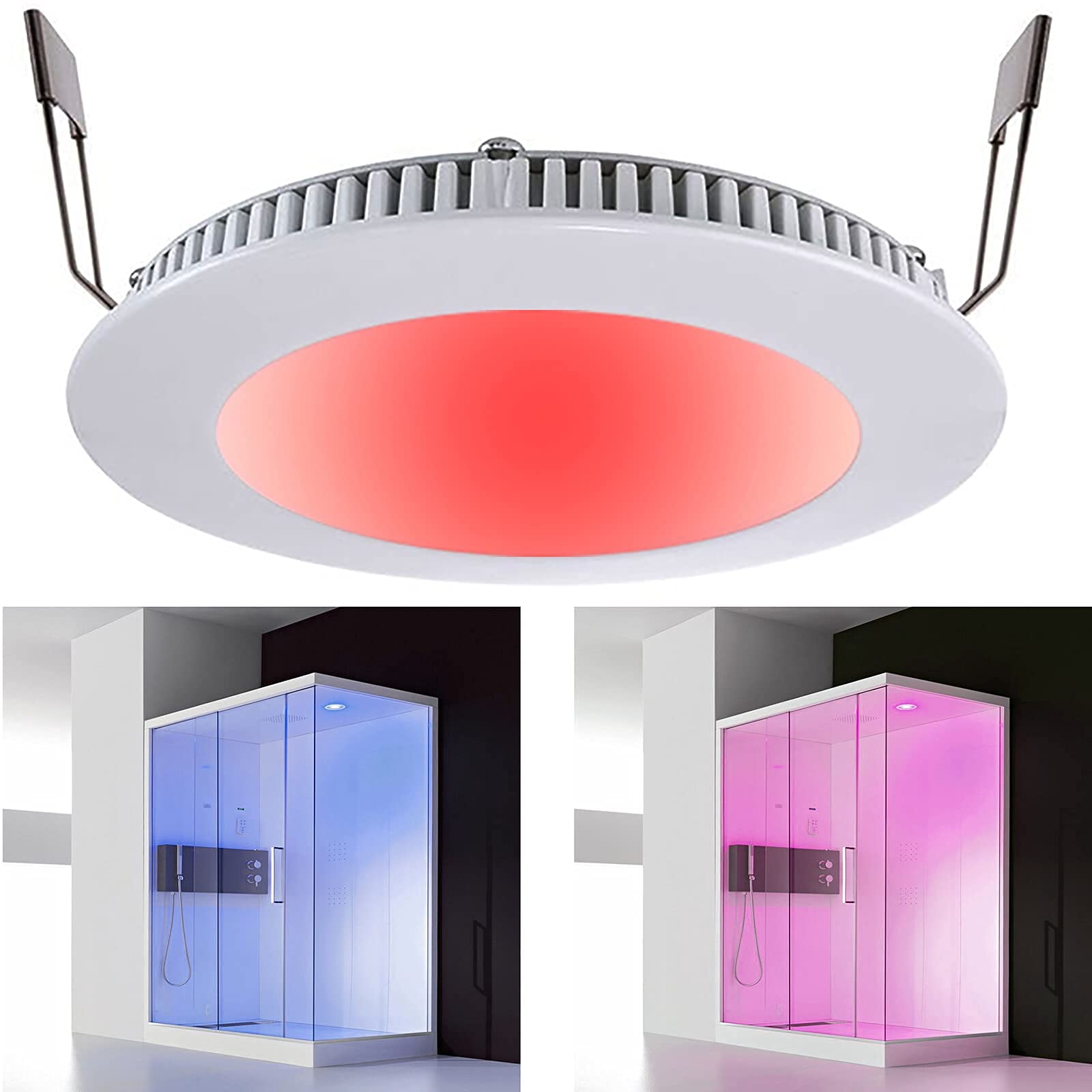Planetitaly KIT cromoterapia faretto incasso pannello slim LED 8W RGB 3000K multicolore 24V WiFi telecomando box doccia controllo vocale APP smartphone foro 13cm