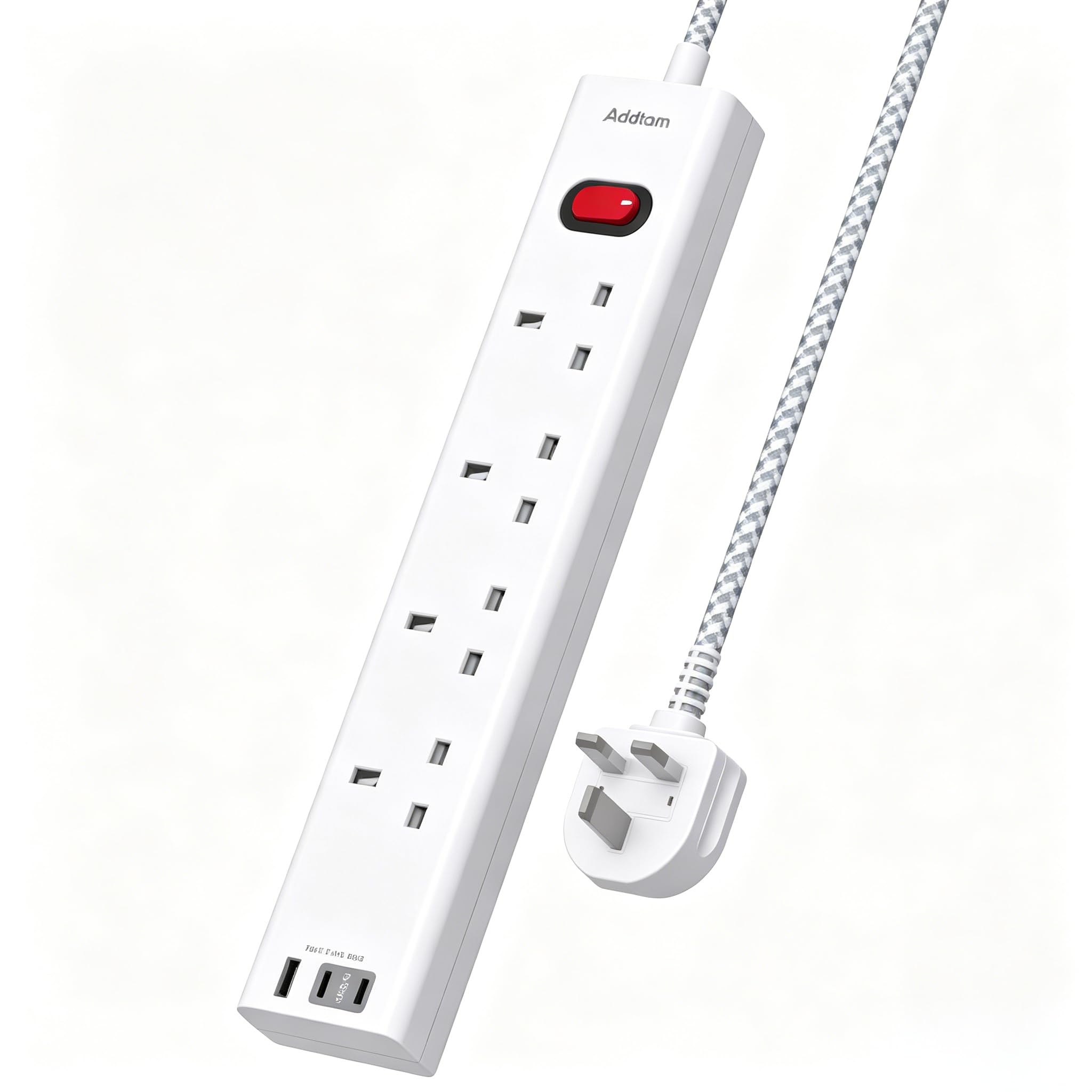 Addtam 4 Way Extension Lead, 3M Extension Lead with 3 USB Ports