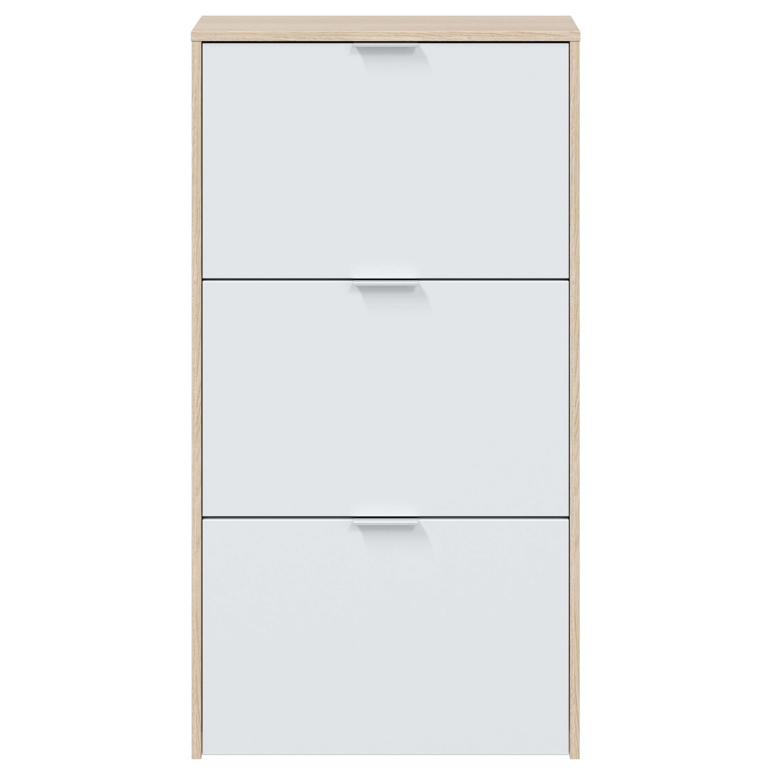 Habitdesign Zapatero 3 Puertas, Zapatero Estrecho, Acabado en Color Blanco Brillo y Roble Canadian, Medidas: 60 cm (Largo) x 113 cm (Alto) x 22 cm (Fondo)