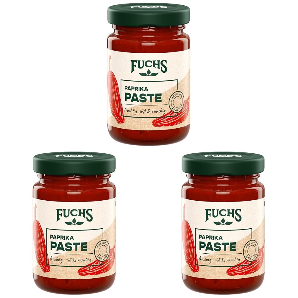 Fuchs Gewürze - Paprika Paste | Fruchtig-süße, rauchige Würzpaste mit natürlichen Zutaten, mit 60% Paprika | 95 g in wiederverschließbarem Glas (Packung mit 3)