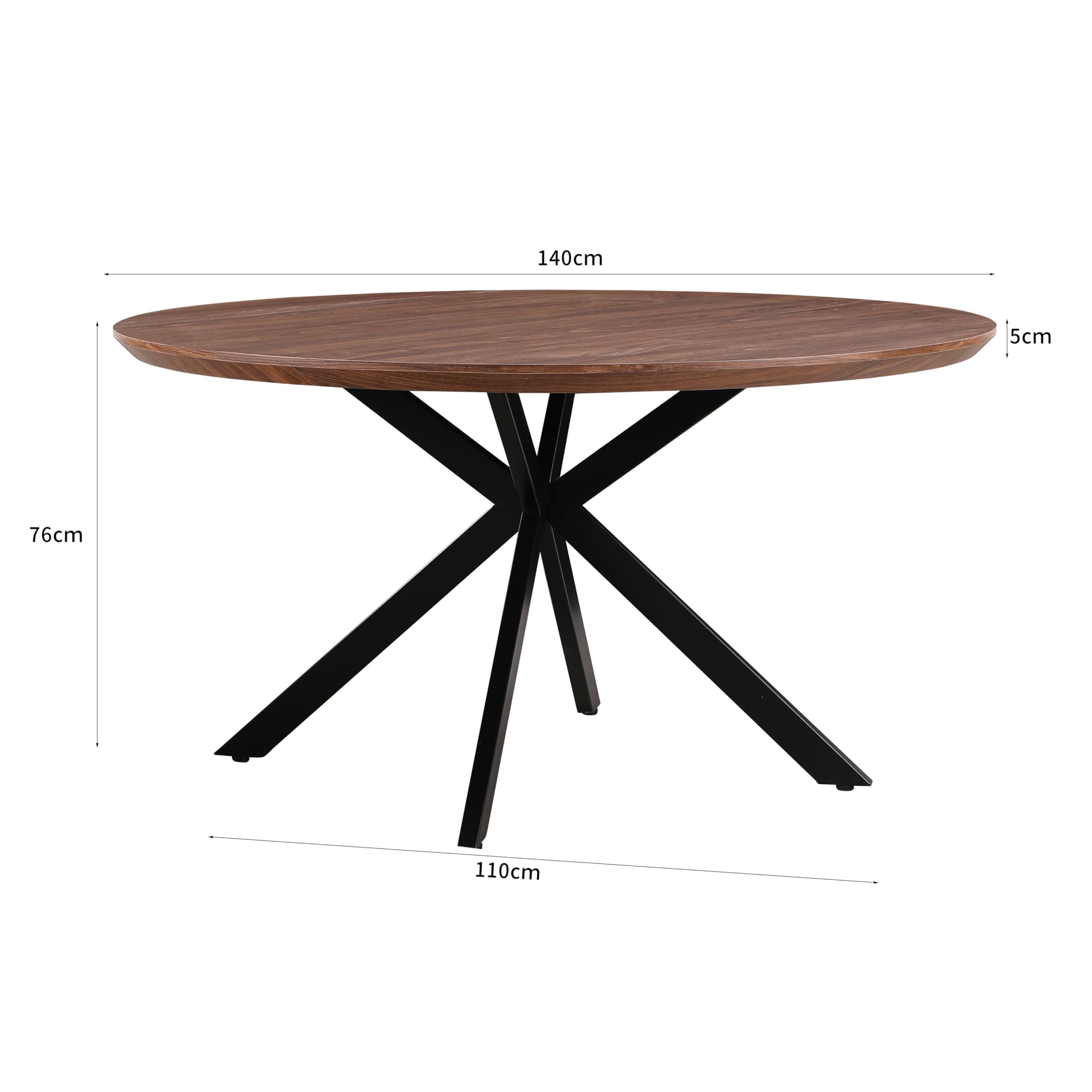 Brigros Tavolo Rotondo da Pranzo, Noce, 140 cm | Legno o Effetto Marmo, Gambe in Metallo Nero Opaco, Moderno, Per Cucina o Sala da Pranzo