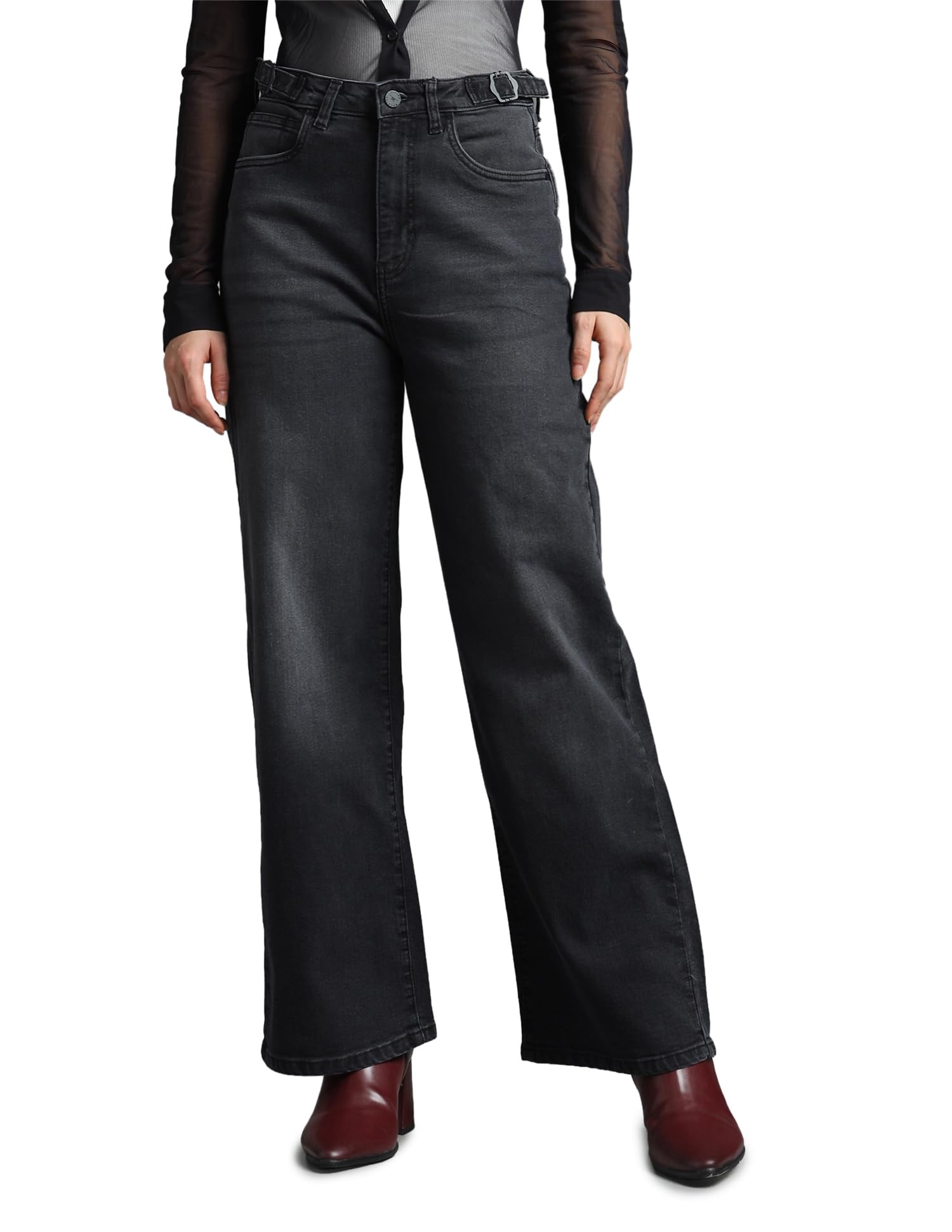 Women's Wide Leg Fit Jeans| Solid | High Rise | Stretchable | Jeans for Woman-image-33