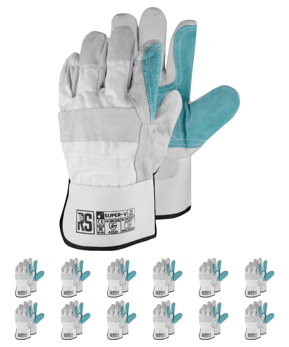 RS Super V Premium - Guantes de montaje de piel, tipo DOCKER, talla 10, 12 pares, color gris y azul, guantes de trabajo reforzados con piel de vacuno dividida