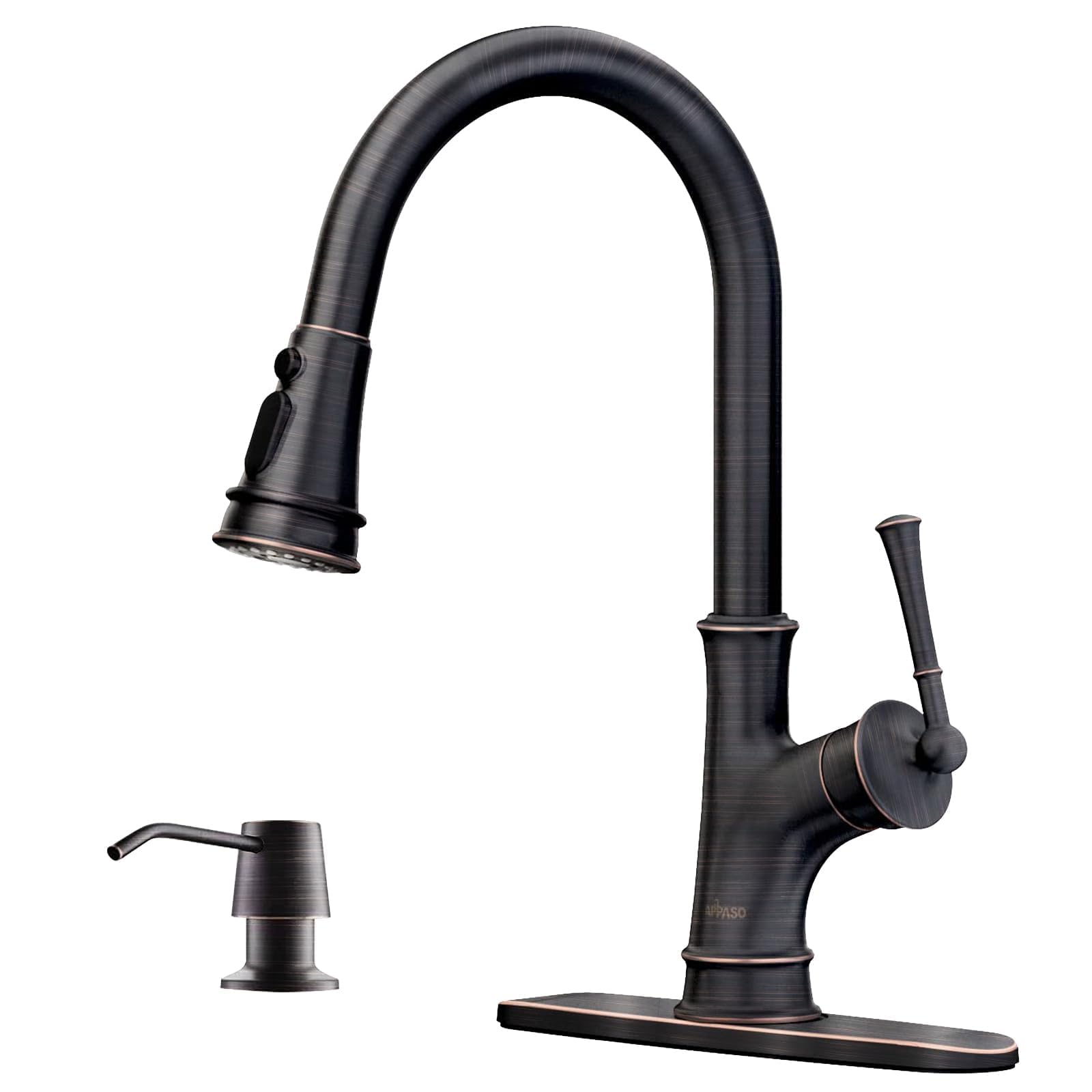 APPASO Bronze Kitchen Faucet with Soap Dispenser, Oil Rubbed Bronze Sink Faucet for Kitchen, Single Handle High Arc Kitchen Sink Faucet