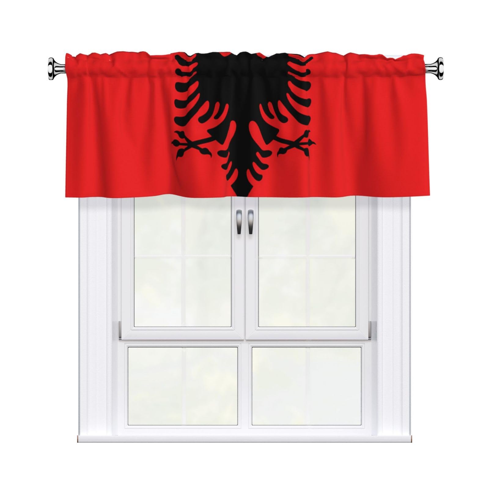 Whjshop Black Albanian Flag Printing Short Curtains With Valance Rod 54X18in, Light Filtering, Easy Installation For Kitchen, Bathroom, Laundry Room, Studio