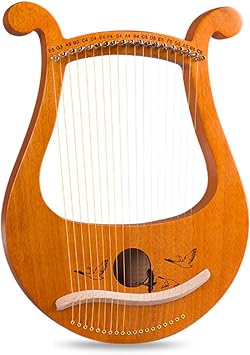 19 Strings Lyre Harp, Solid Wood Mahogany Lyre Instrument with Tuning Wrench and Spare Strings Solid Wood Mahogany Body Carved Phonetic Symbols Style 2