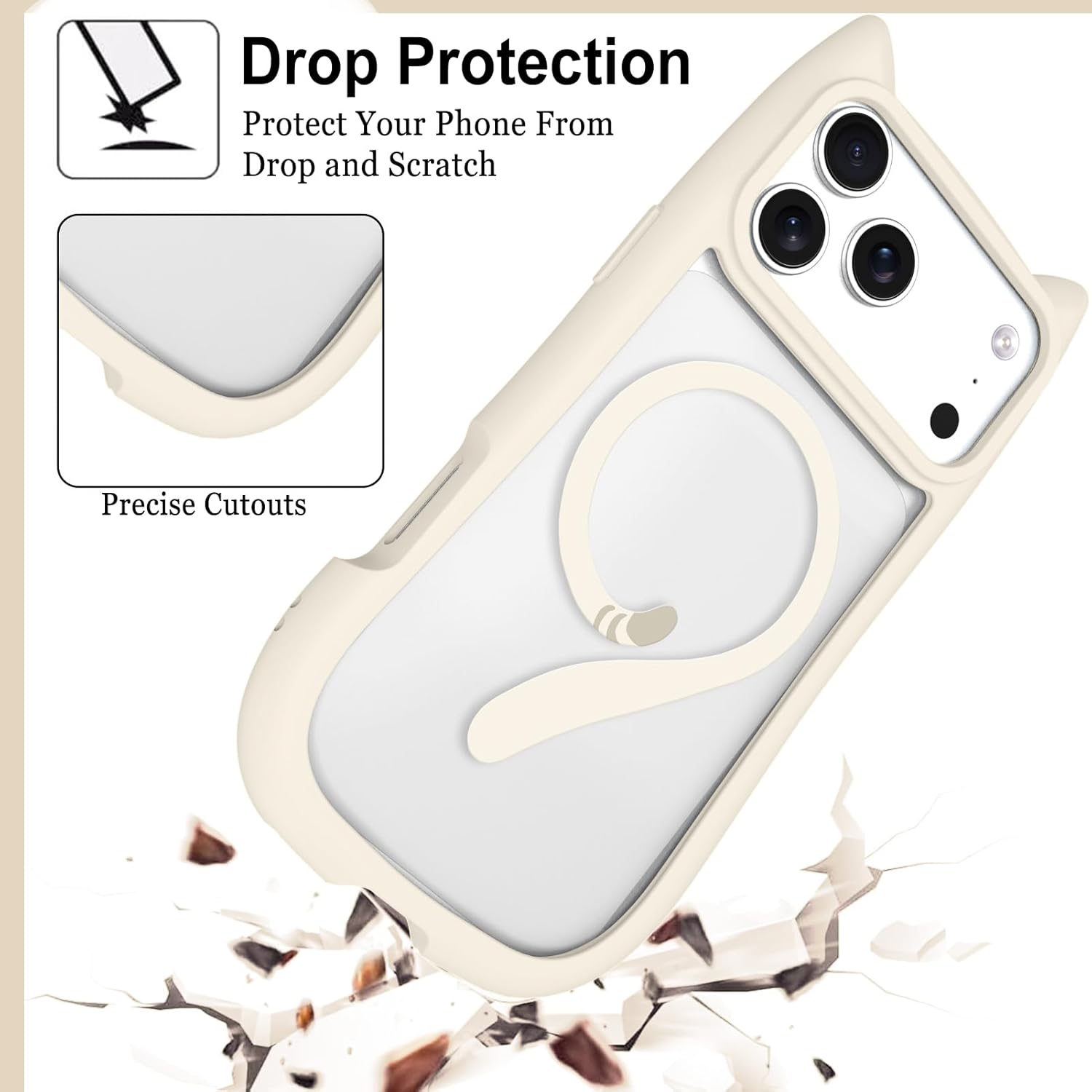 Cute Cat Case for iPhone 17 Pro, Compatible with MagSafe, 3D Cat Ear Design with Tail, Soft Bumper and Hard PC Back, Anti-Scratch Shockproof Animal Phone Cover for Women Girls, White