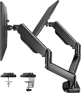 HUANUO Dual Arm Monitor Stand - Adjustable Gas Spring Computer Desk Mount VESA Bracket with C Clamp/Grommet Mounting Base for 13 to 27 Inch Computer Screens - Each Arm Holds Up to 17.6lbs