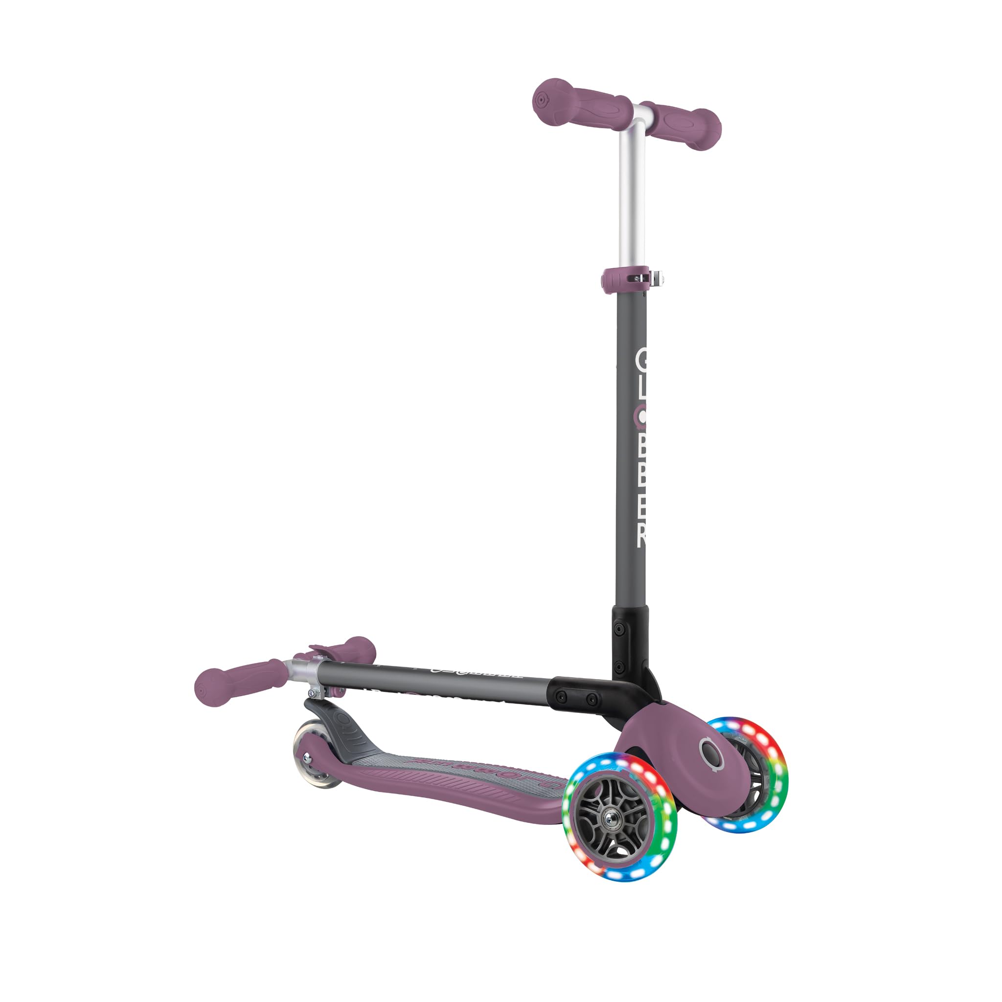 GLOBBER Primo Foldable Lights - Patinete infantil 120/80 mm, ABEC 5, 3 ruedas, altura regulable, ruedas LED, color morado