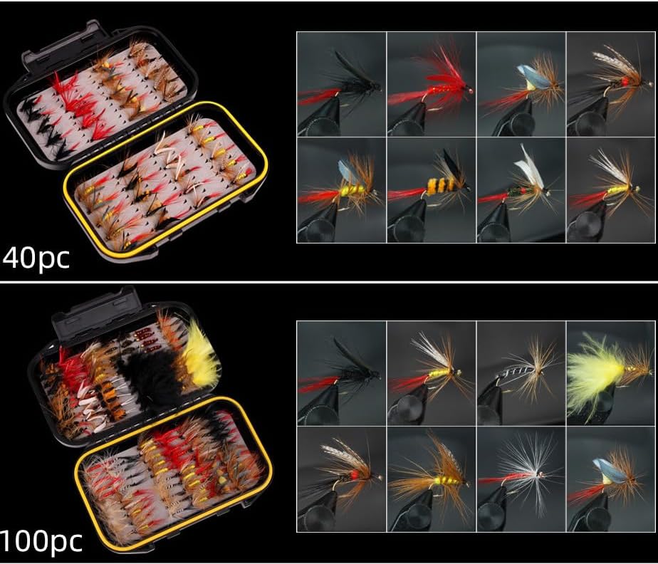Pack of 40/72/100/120 Insect Flies Fly Fishing Lure Bait Dry Wet Nymph Feather Hook Set