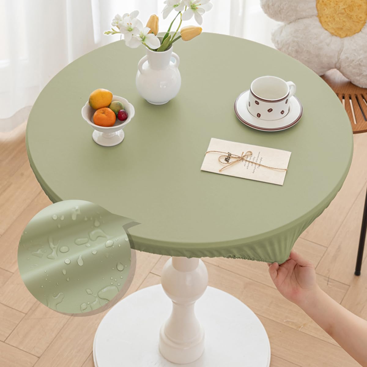 Morbuy Round Tablecloth Outdoor Wipe Clean Waterproof PU Leather Table Cloths Stain Resistant Wipeable Kitchen Table Cover with Elastic Edges for Home Party (Green,Table Diameter 90cm)