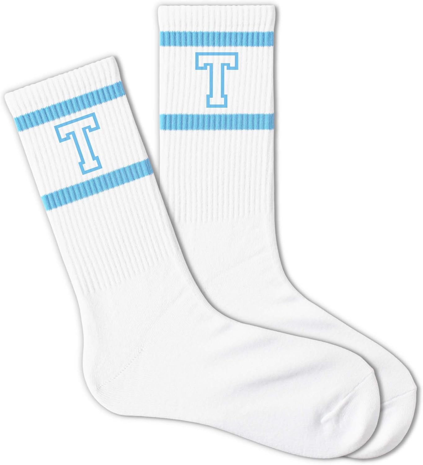 Light Blue and White Striped Crew Socks with the Letter, Classic Varsity Sports Style Monogram Socks - Image 3