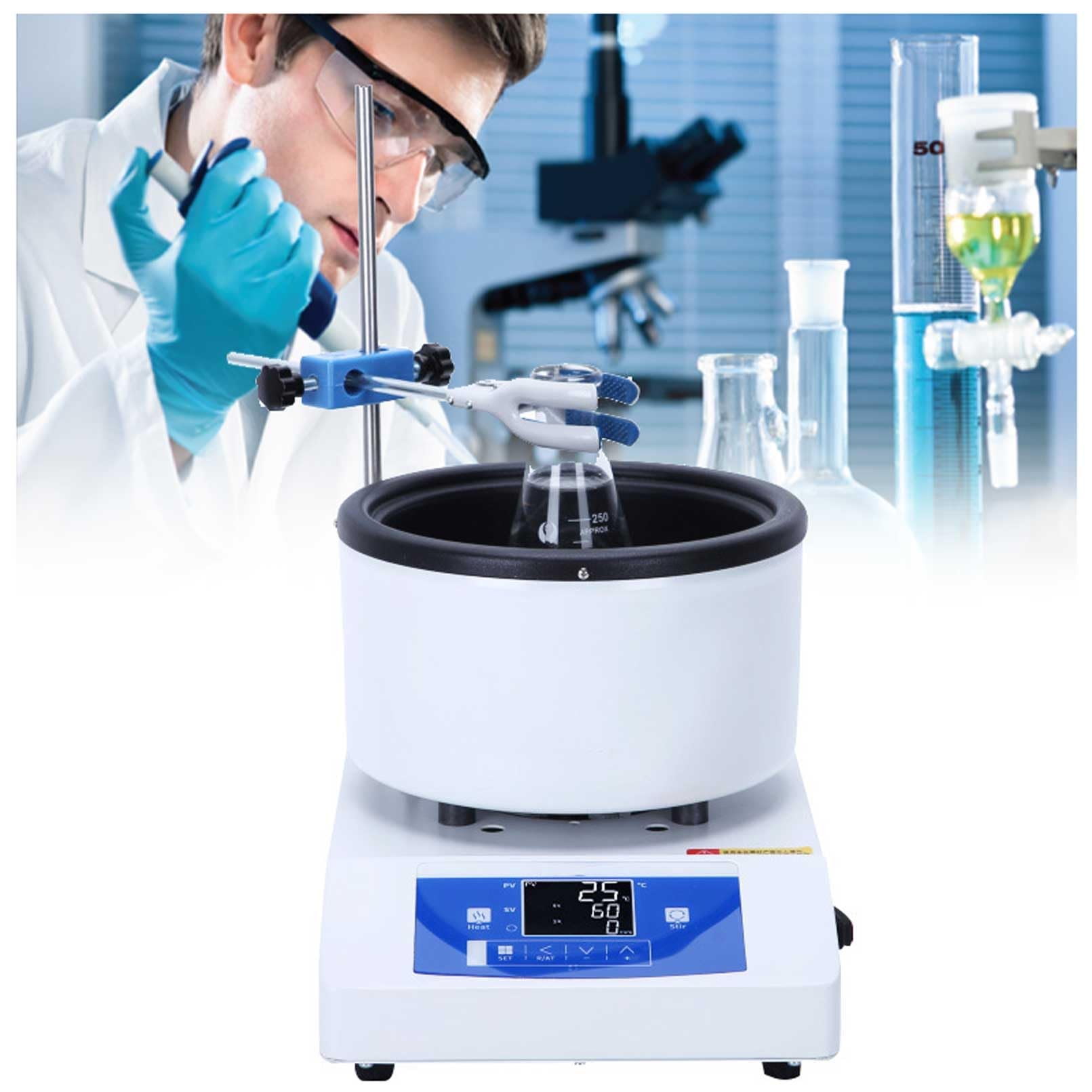 Baño de calefacción con agitación magnética digital, pantalla inteligente, sensor interno y externo, medición de temperatura, altura ajustable para experimentos químicos
