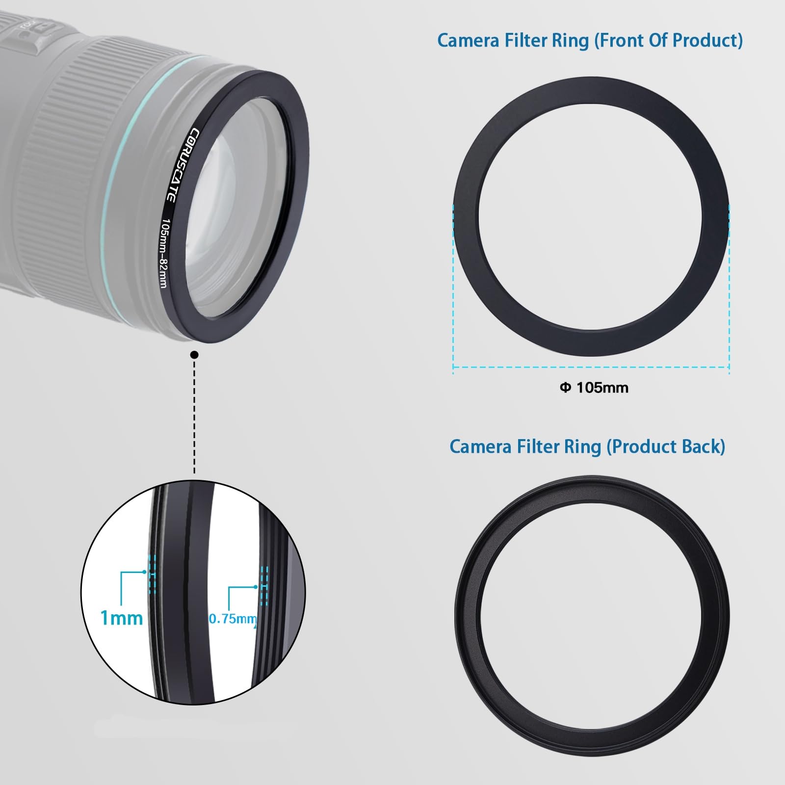 Set di 3 anelli filtranti da 105mm,Lo scopo è aumentare o diminuire il diametro della lente,Step-down Ring 105mm-95mm,105mm-82mm,105mm-77mm + panno per la pulizia dell'obiettivo