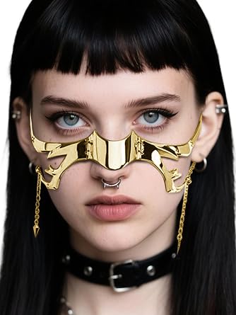 Cyber Punk Half Mask for Women Men Y2K Metal Face Mask Liquid Irregular Cyborg Face Chain Cosplay Jewelry Gifts