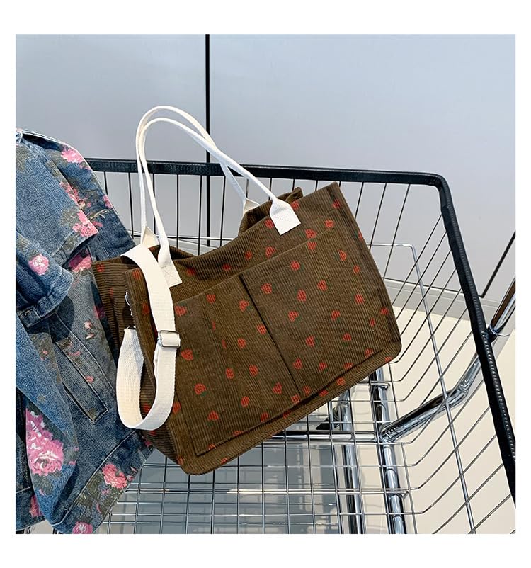 Image of Strawberry Tote Bag for Women with Pockets Corduroy Crossbody Shoulder Handbags Purse for Work