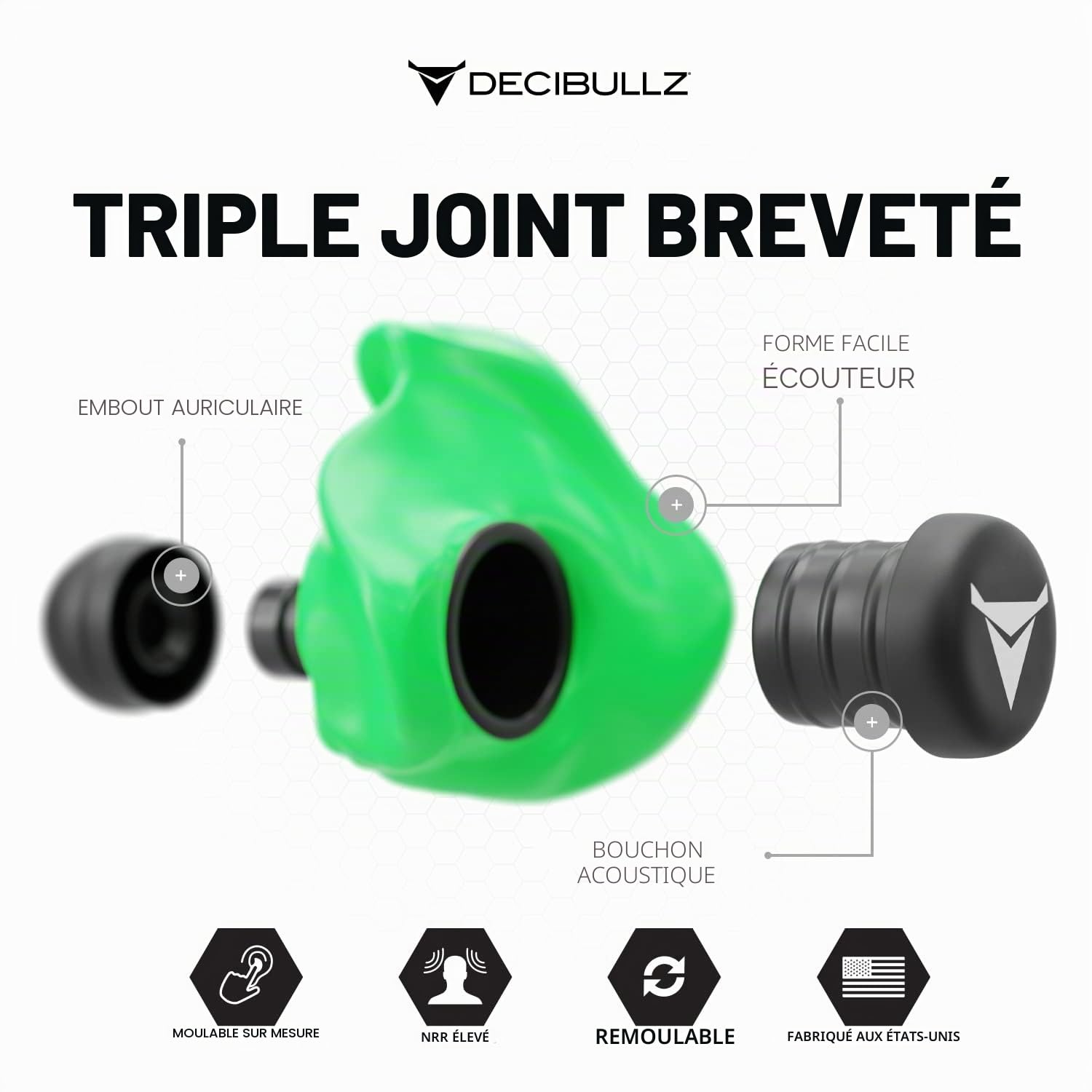 Decibullz - Bouchons d'oreille moulés sur mesure, 31 dB le plus élevé, protection auditive confortable pour le tir, les voyages, le travail et les concerts (vert)
