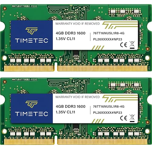 Timetec 8GB KIT(2x4GB) DDR3L / DDR3 1600MHz PC3L-12800 / PC3-12800 Non-ECC Unbuffered 1.35V / 1.5V CL11 1Rx8 Single Rank 204 Pin SODIMM Laptop Notebook PC Computer Memory RAM Module Upgrade